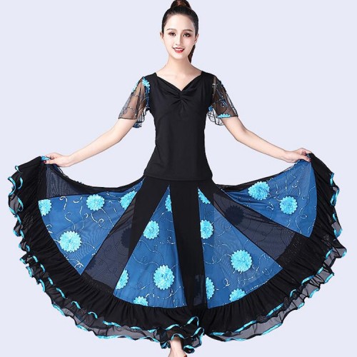 Women's tango waltz ballroom dancing tops and skirts competition embroidery flowers stage performance flamenco skirts